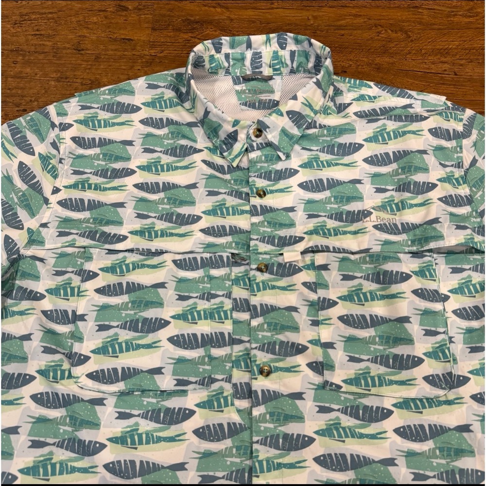 LL‎ Bean Green Tropicwear Fish Print Vented Performance Button Up Shirt Men 3XLT